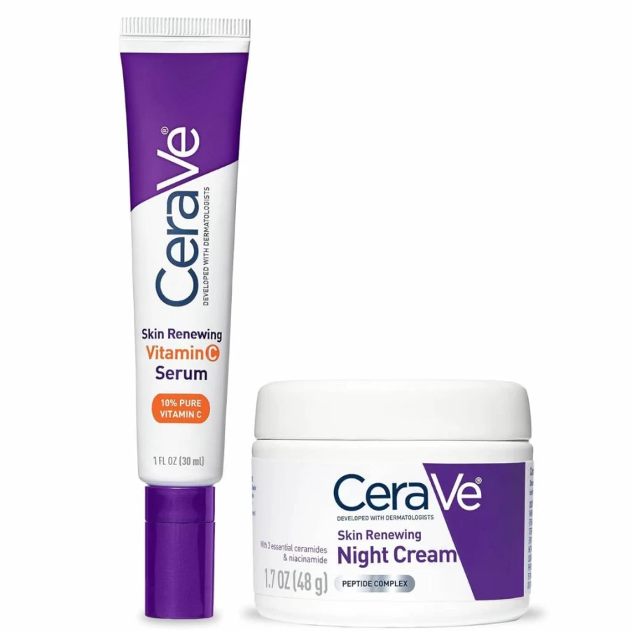CeraVe Vitamin C Serum & Night Cream Set - 10% Pure Vitamin C Brightening Serum + Peptide & Hyaluronic Acid Moisturizer with Ceramides (1 oz + 1.7 oz)