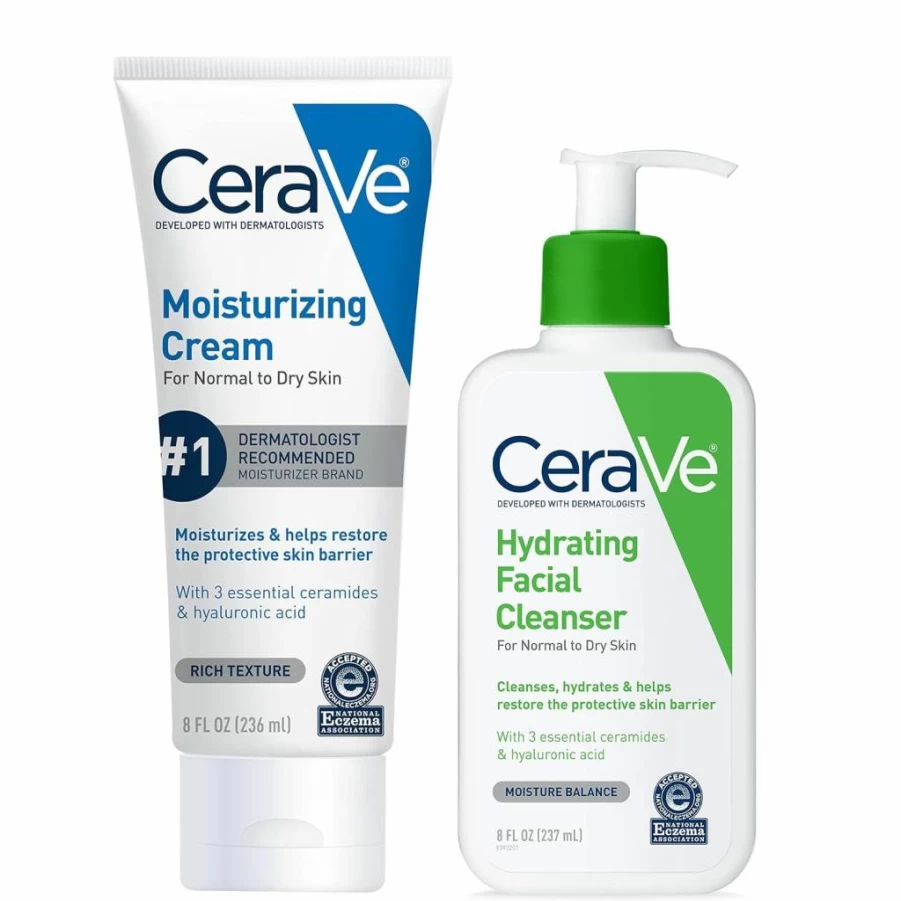 CeraVe Hydrating Skincare Set: 8oz Moisturizing Cream & Facial Cleanser with Ceramides & Hyaluronic Acid, Eczema Association Approved