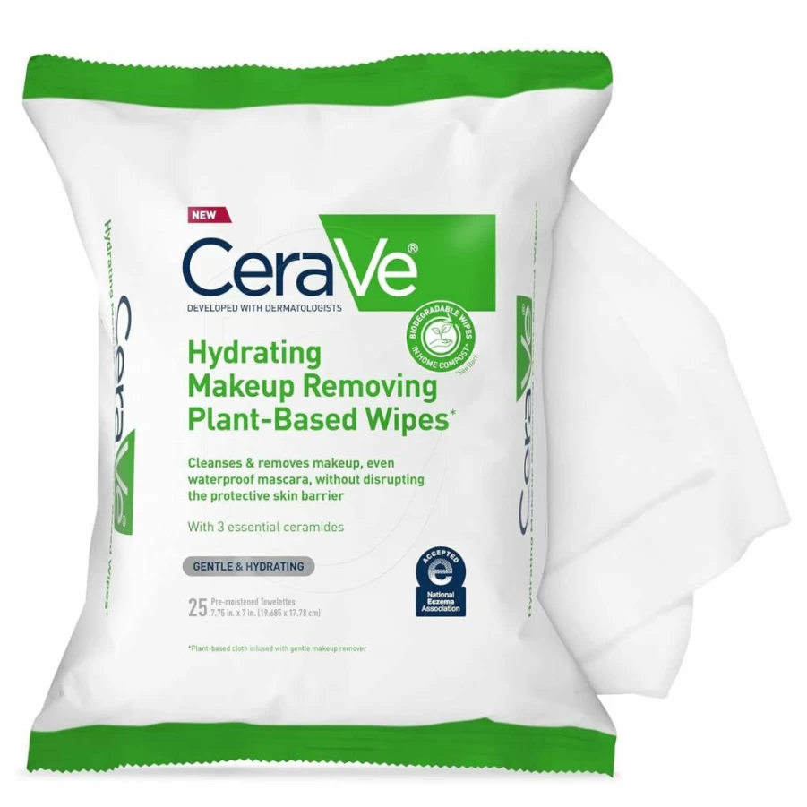 CeraVe Hydrating Facial Cleansing Wipes for Sensitive Skin, Fragrance-Free & Non-Comedogenic, 25 Count, Biodegradable Makeup Remover Cloths