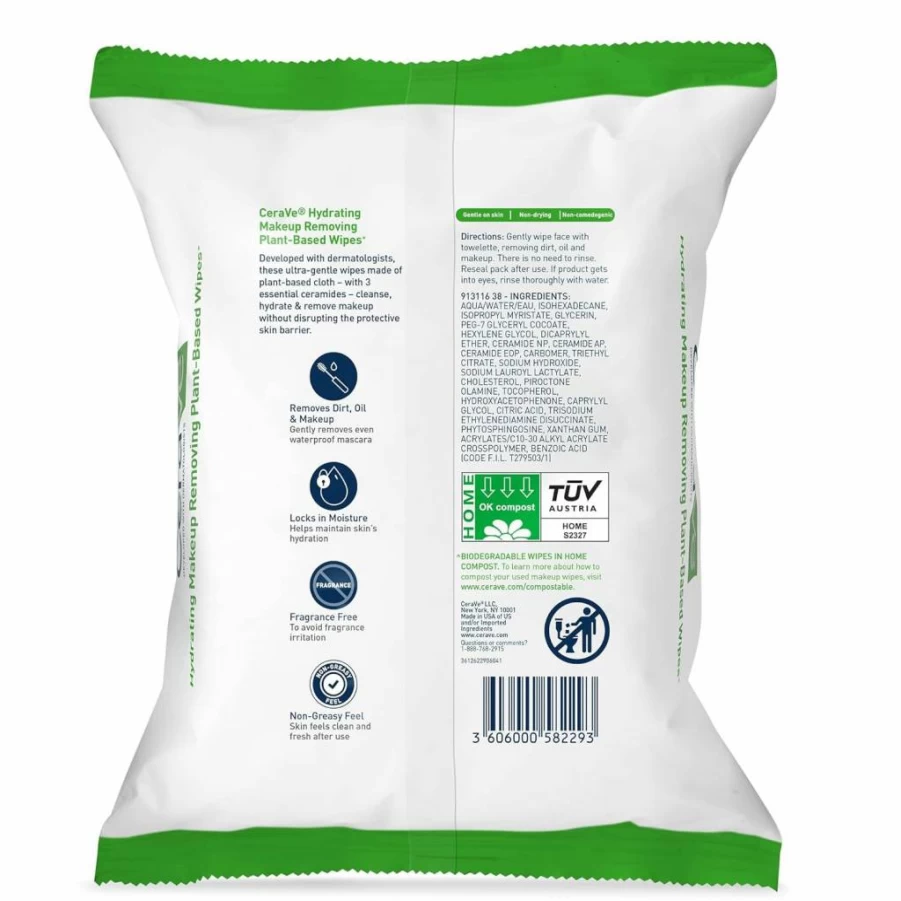 CeraVe Hydrating Facial Cleansing Wipes for Sensitive Skin, Fragrance-Free & Non-Comedogenic, 25 Count, Biodegradable Makeup Remover Cloths