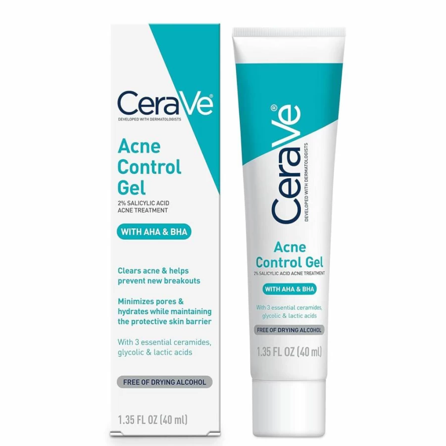 CeraVe Acne Treatment Gel with 2% Salicylic Acid, Glycolic Acid, Lactic Acid & Niacinamide for Clear Skin, Non-Drying, Alcohol-Free, Oil-Free, 1.35 Oz