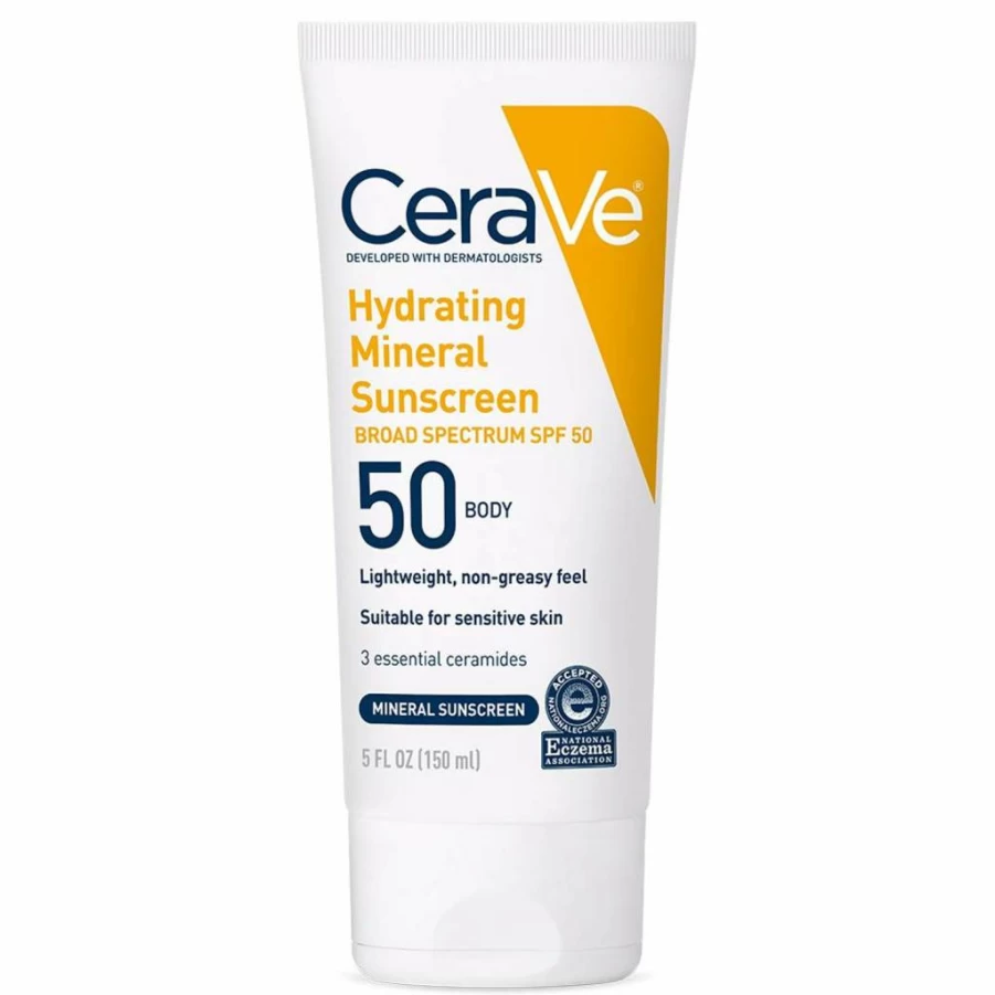 CeraVe Mineral Sunscreen SPF 50 for Body – Oil-Free, Non-Greasy Formula with Zinc Oxide, Titanium Dioxide, Hyaluronic Acid & Ceramides – 5 Oz