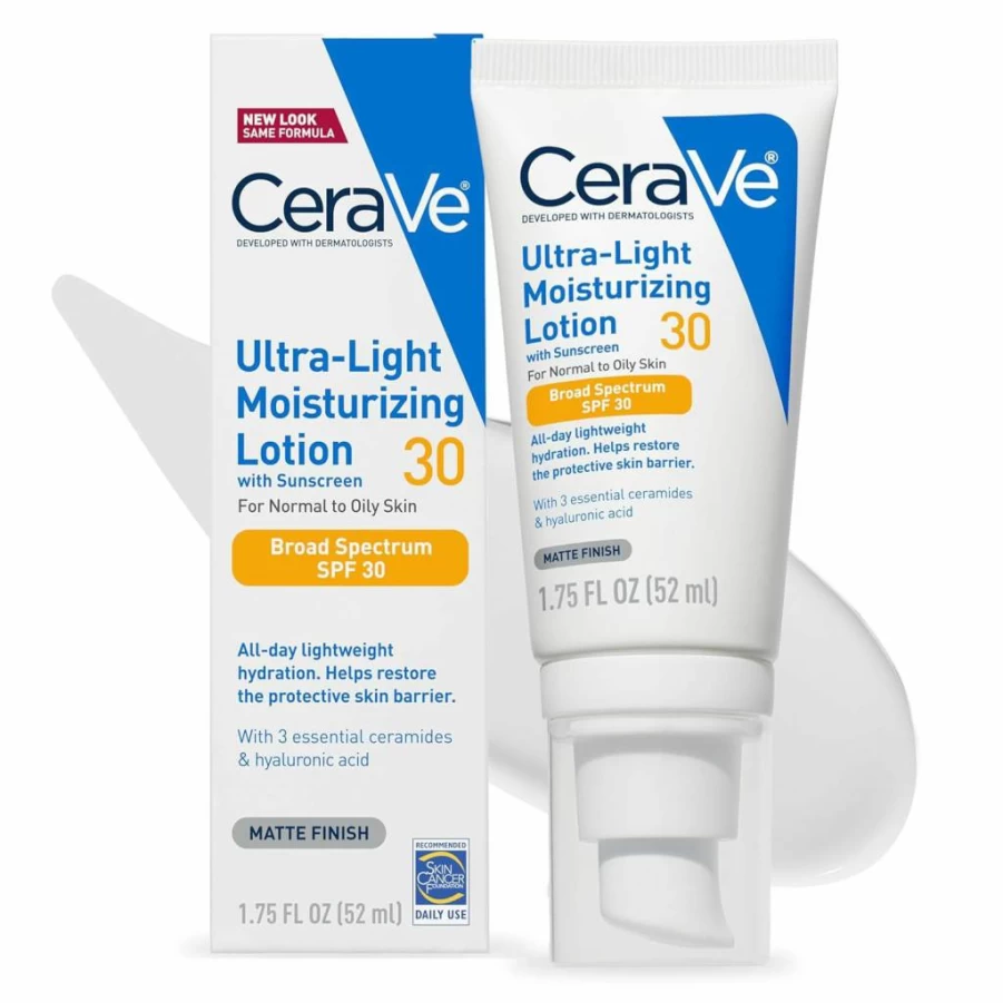CeraVe Ultra-Light Moisturizing Face Lotion SPF 30 with Hyaluronic Acid & Ceramides, Oil-Free, Matte Finish, 1.7 oz, Broad Spectrum Sun Protection
