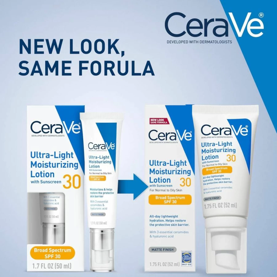 CeraVe Ultra-Light Moisturizing Face Lotion SPF 30 with Hyaluronic Acid & Ceramides, Oil-Free, Matte Finish, 1.7 oz, Broad Spectrum Sun Protection