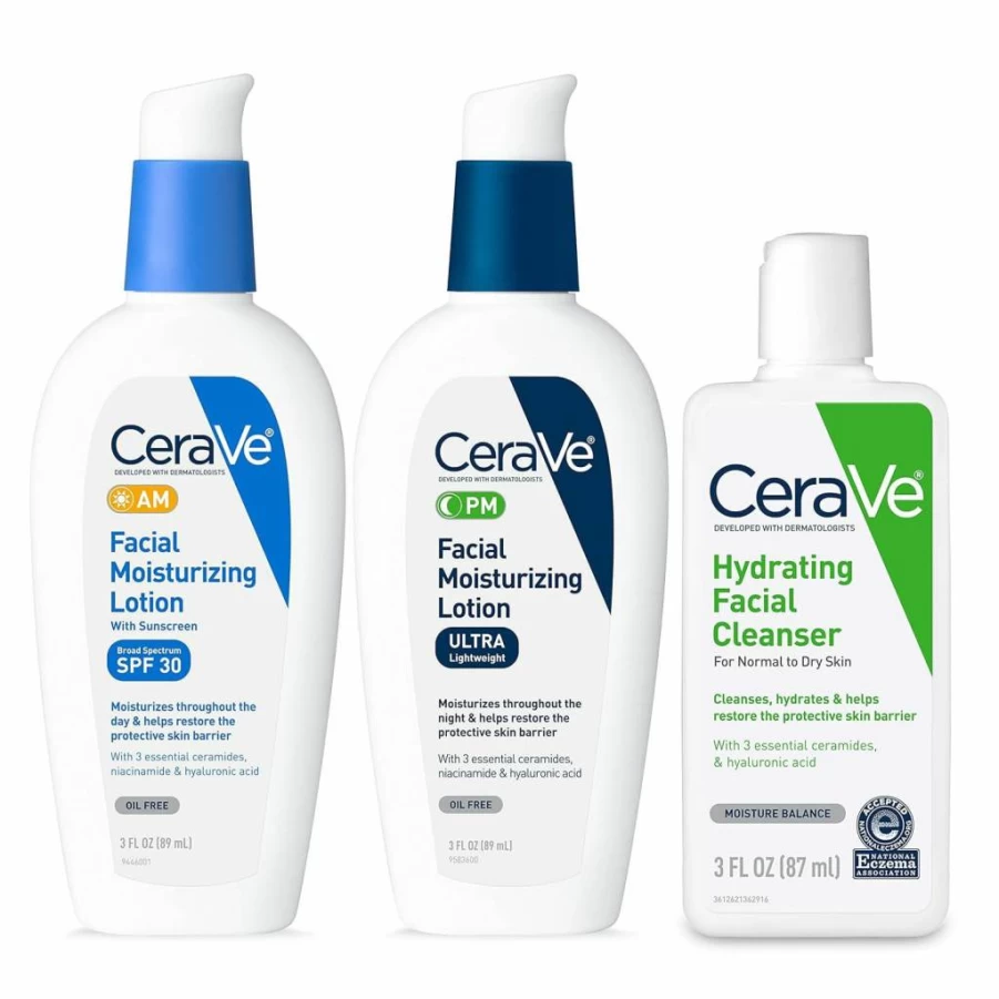 CeraVe Morning & Night Skincare Routine Set: AM Facial Moisturizer with SPF, PM Facial Moisturizer & Hydrating Cleanser | Travel Size 3oz Each | For Normal to Dry Skin