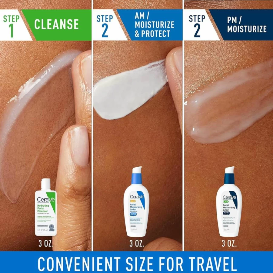 CeraVe Morning & Night Skincare Routine Set: AM Facial Moisturizer with SPF, PM Facial Moisturizer & Hydrating Cleanser | Travel Size 3oz Each | For Normal to Dry Skin