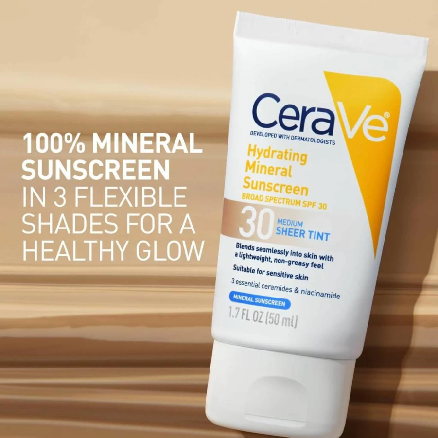CeraVe Tinted Mineral Sunscreen SPF 30 with Zinc Oxide & Titanium Dioxide, Lightweight Sheer Formula for Healthy Glow, 1.7 Oz