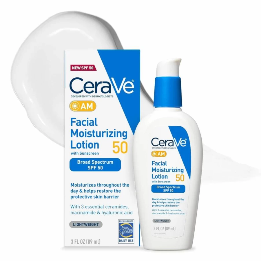 CeraVe AM Facial Moisturizer SPF 50 with Hyaluronic Acid, Niacinamide & Ceramides, Non-Greasy, No White Cast, Non-Comedogenic, 3 oz