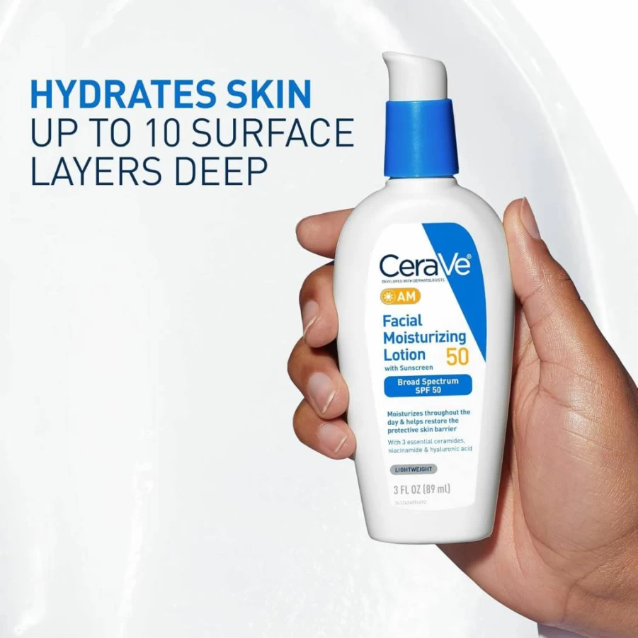 CeraVe AM Facial Moisturizer SPF 50 with Hyaluronic Acid, Niacinamide & Ceramides, Non-Greasy, No White Cast, Non-Comedogenic, 3 oz