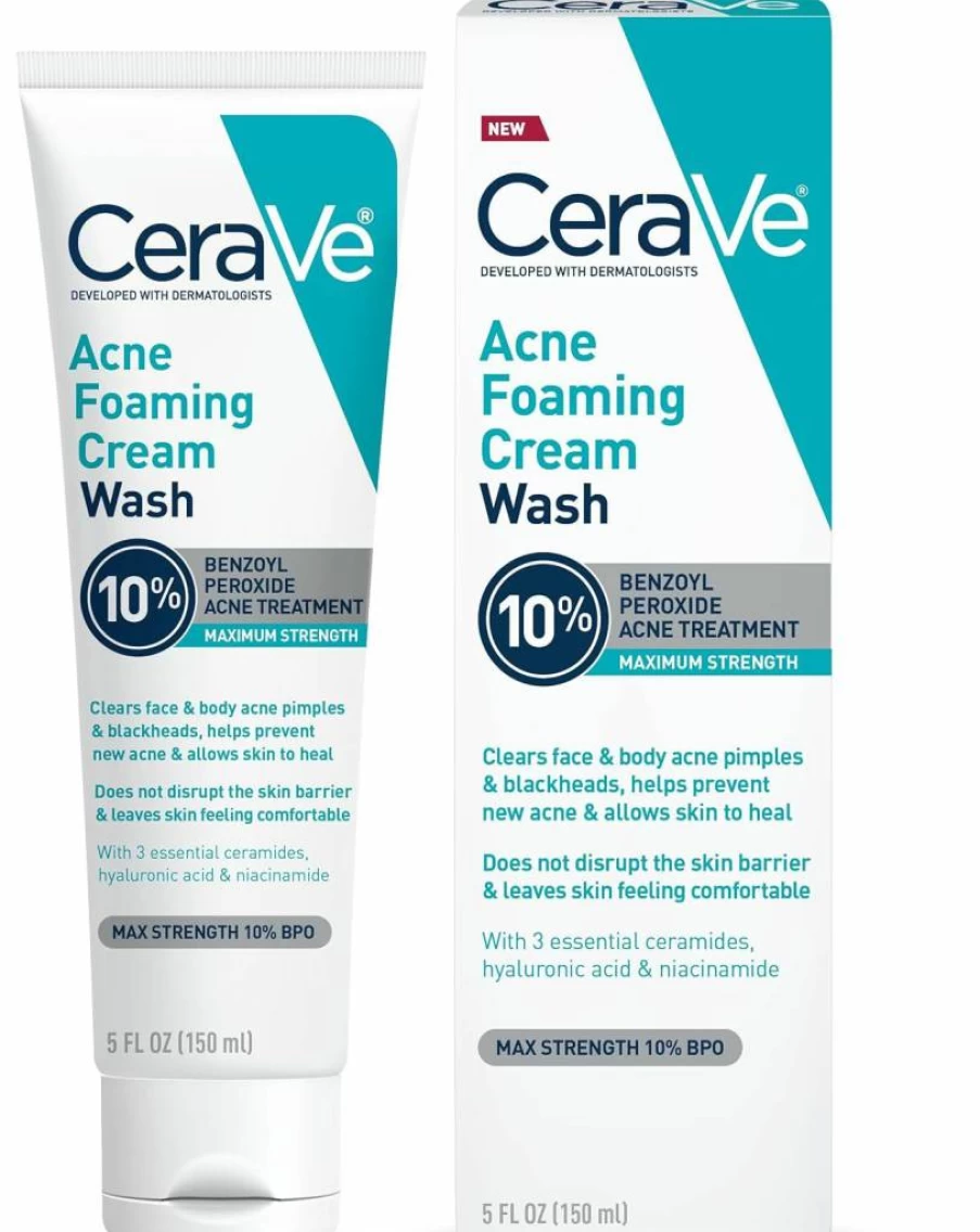 CeraVe Acne Treatment Face & Body Cleanser with 10% Benzoyl Peroxide, Hyaluronic Acid & Niacinamide for Pimples & Blackheads - Gentle Foaming Cream Wash (5 oz)