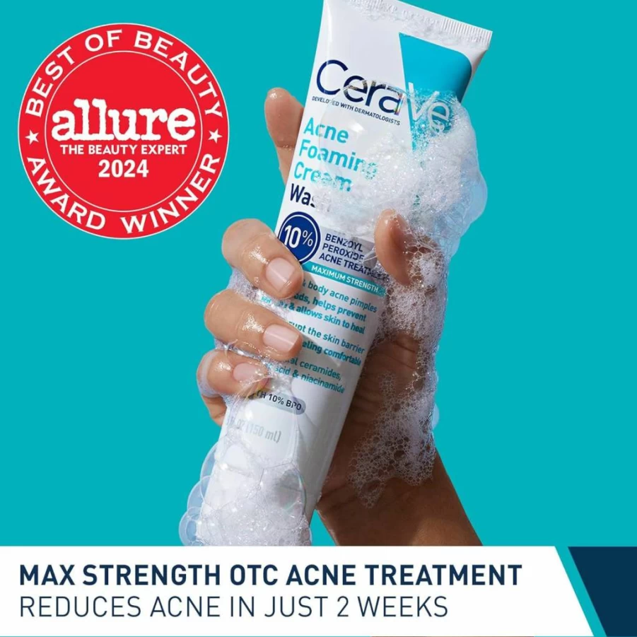 CeraVe Acne Treatment Face & Body Cleanser with 10% Benzoyl Peroxide, Hyaluronic Acid & Niacinamide for Pimples & Blackheads - Gentle Foaming Cream Wash (5 oz)