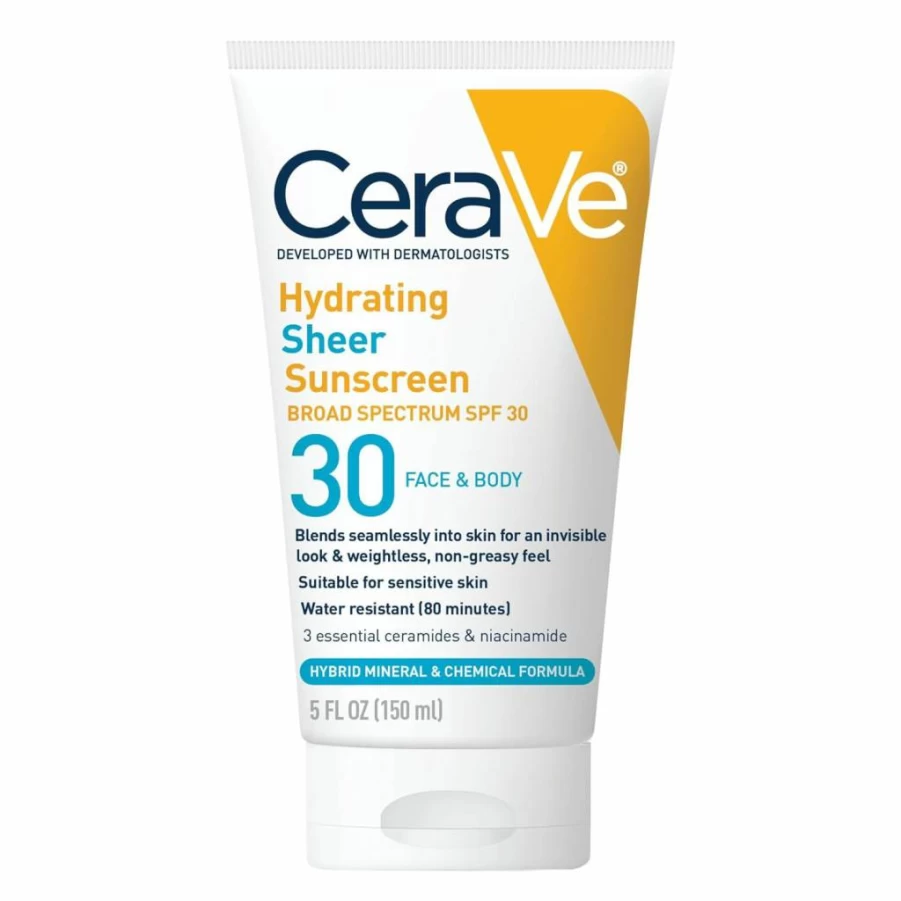 CeraVe Hydrating Sheer Mineral & Chemical Sunscreen SPF 30 for Face & Body with Hyaluronic Acid, Niacinamide & Ceramides, Fragrance-Free, Paraben-Free, 5 oz