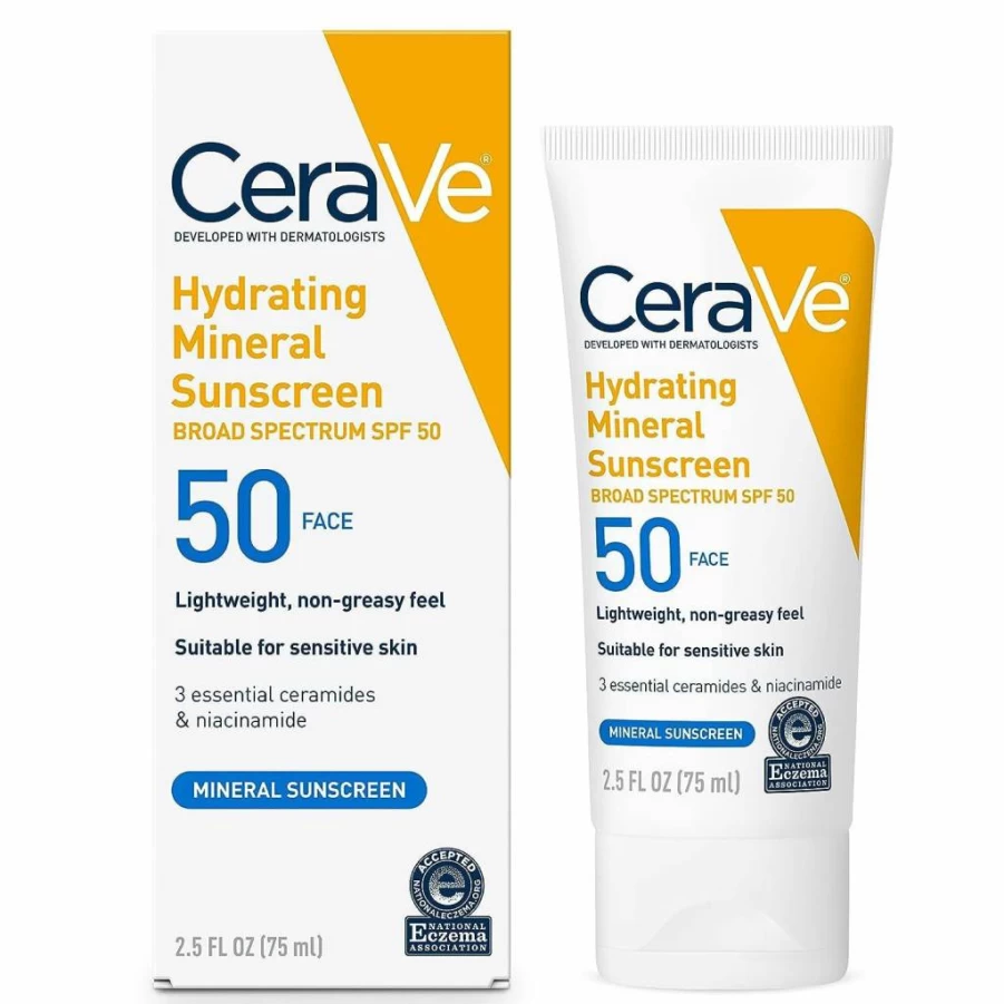 CeraVe Mineral Sunscreen SPF 50 for Face, Oil-Free with Zinc Oxide, Titanium Dioxide, Hyaluronic Acid, Niacinamide & Ceramides, Travel Size 2.5 Oz