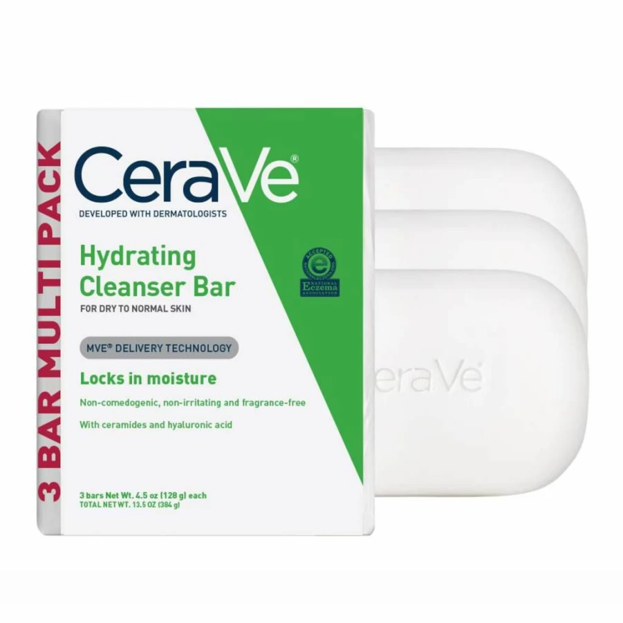 CeraVe Hydrating Cleansing Bar for Face & Body - Fragrance-Free, Soap-Free with Hyaluronic Acid & Ceramides - Moisturizing 5% Cream - 3 Pack (4.5 oz Each)