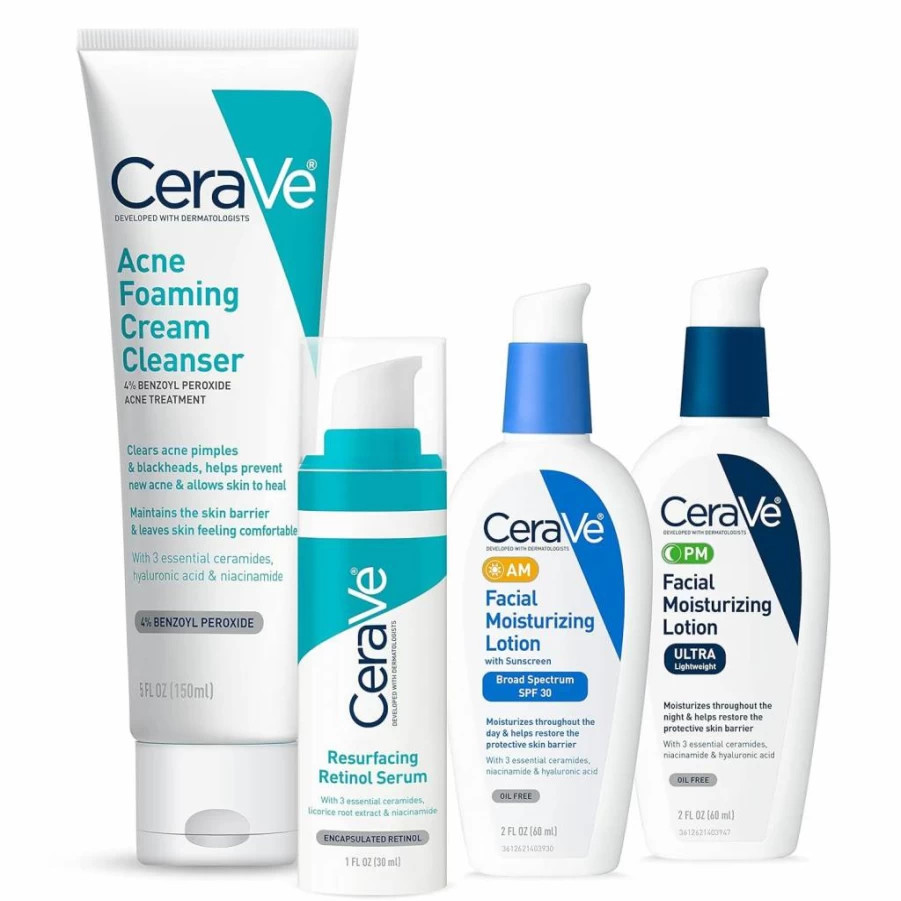 CeraVe Acne Treatment Skin Care Kit with Foaming Cream Cleanser (5oz), Retinol Serum (1oz), AM Moisturizer SPF 30 (2oz) & PM Facial Lotion (2oz) for Clear Skin