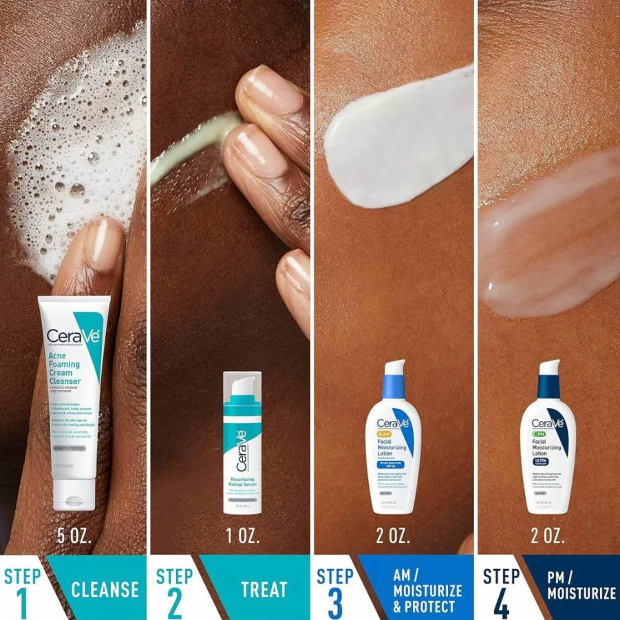 CeraVe Acne Treatment Skin Care Kit with Foaming Cream Cleanser (5oz), Retinol Serum (1oz), AM Moisturizer SPF 30 (2oz) & PM Facial Lotion (2oz) for Clear Skin