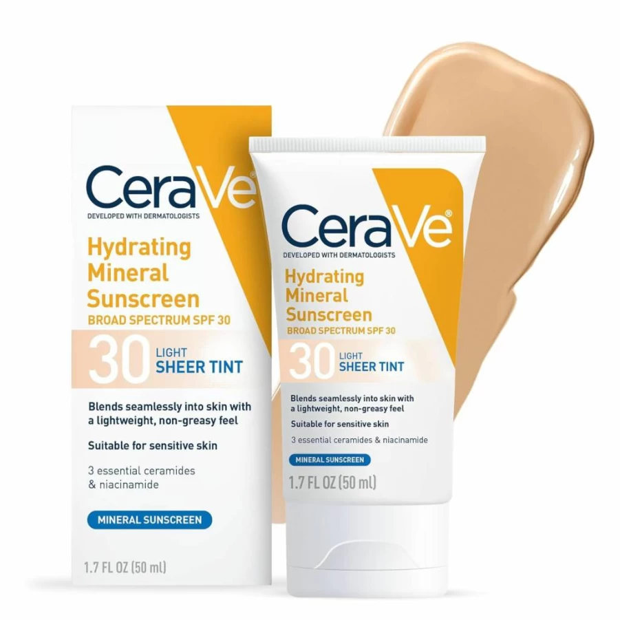 CeraVe Tinted Mineral Sunscreen SPF 30 with Zinc Oxide & Titanium Dioxide, Sheer Hydrating Face Sunscreen for Healthy Glow, Medium 1.7 oz