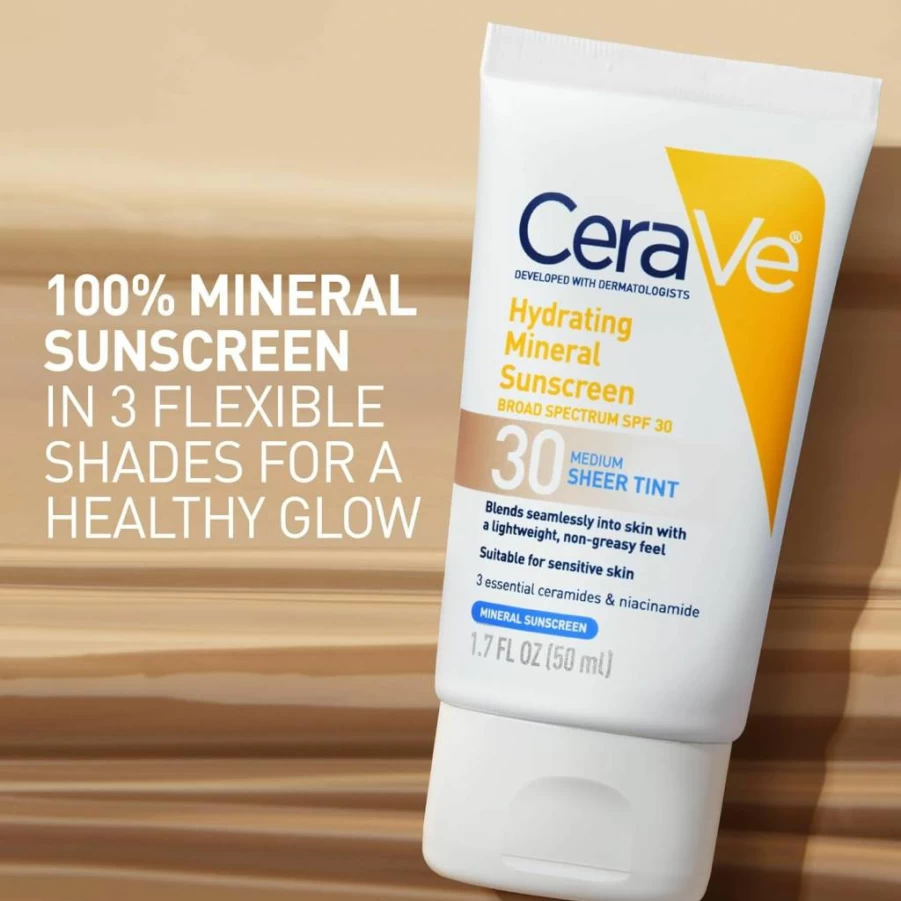 CeraVe Tinted Mineral Sunscreen SPF 30 with Zinc Oxide & Titanium Dioxide, Sheer Hydrating Face Sunscreen for Healthy Glow, Medium 1.7 oz