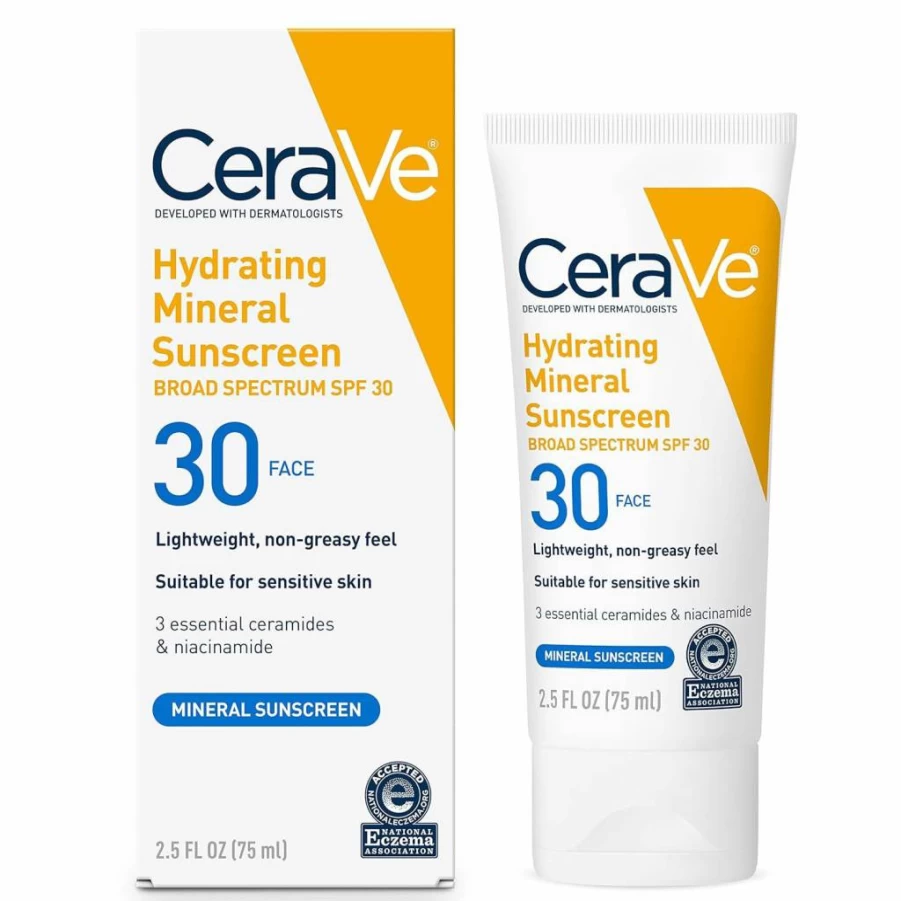 CeraVe Mineral Sunscreen SPF 30 for Face with Zinc Oxide & Titanium Dioxide, Hyaluronic Acid, Niacinamide & Ceramides, Oil-Free, Travel Size 2.5 Oz