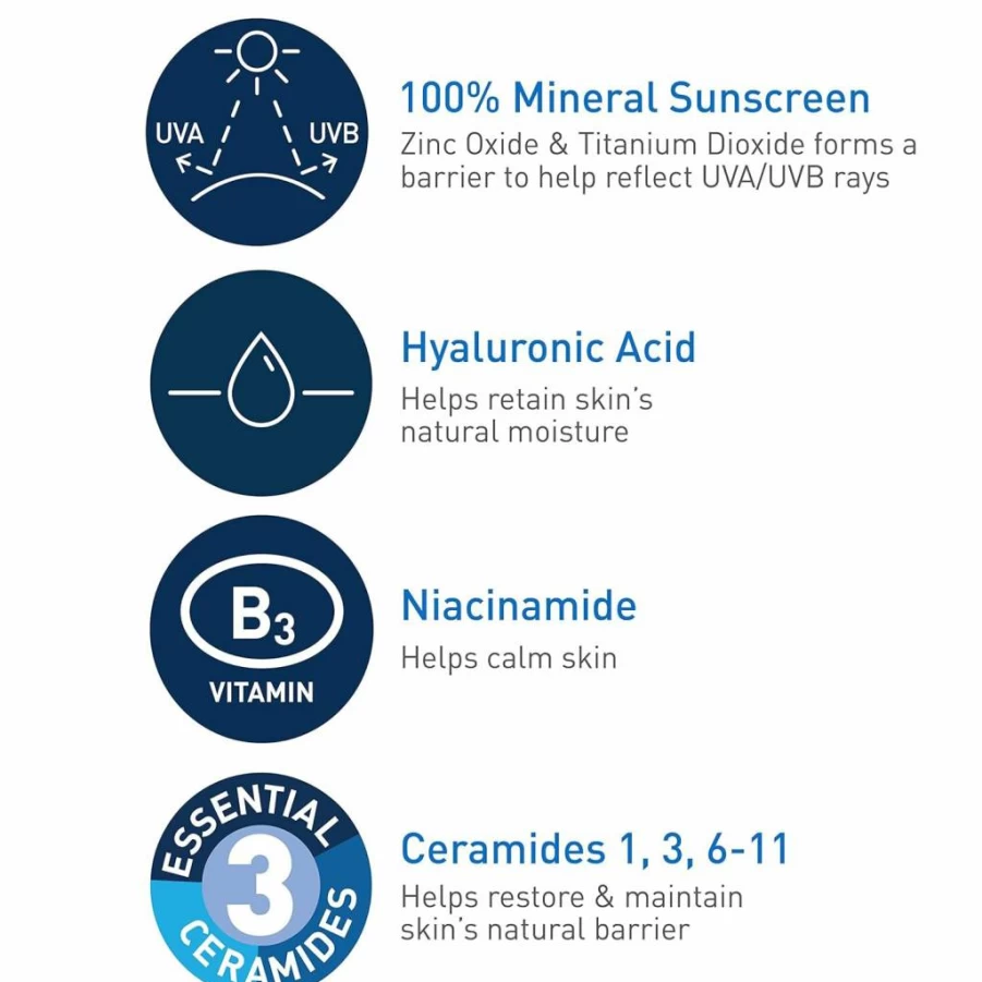CeraVe Mineral Sunscreen SPF 30 for Face with Zinc Oxide & Titanium Dioxide, Hyaluronic Acid, Niacinamide & Ceramides, Oil-Free, Travel Size 2.5 Oz