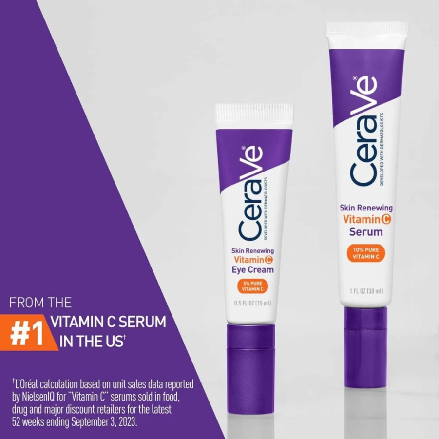 CeraVe Vitamin C Eye Cream with Hyaluronic Acid, Ceramides & Caffeine for Dark Circles & Puffiness – Fragrance Free, Ophthalmologist Tested, 0.5 Oz