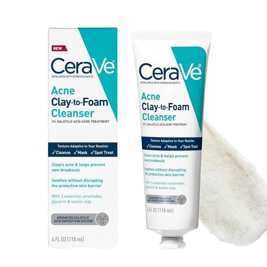 CeraVe Acne Treatment Face Wash with Salicylic Acid & Kaolin Clay – Clears Pimples & Blackheads, Prevents Breakouts, Hydrates & Soothes, Fragrance-Free, Non-Comedogenic, 4 oz