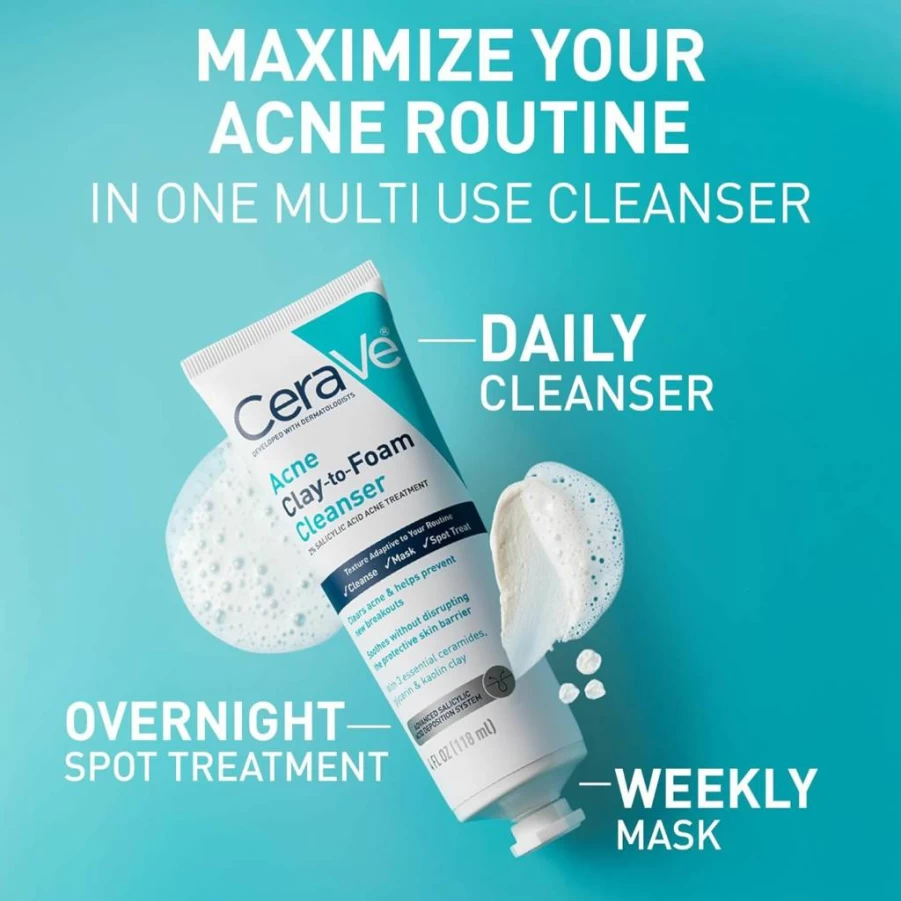 CeraVe Acne Treatment Face Wash with Salicylic Acid & Kaolin Clay – Clears Pimples & Blackheads, Prevents Breakouts, Hydrates & Soothes, Fragrance-Free, Non-Comedogenic, 4 oz