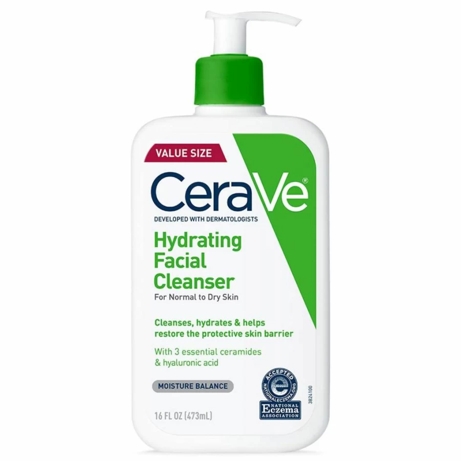 CeraVe Hydrating Facial Cleanser for Dry Skin with Hyaluronic Acid, Ceramides & Glycerin | Eczema Association Approved | Moisturizing Face Wash for Normal to Dry Skin