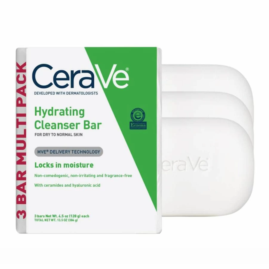 CeraVe Hydrating Cleanser Bar for Face and Body, Fragrance-Free & Soap-Free with Ceramides and Hyaluronic Acid, 5% Moisturizing Cream, 2-Pack (4.5 Oz Each)